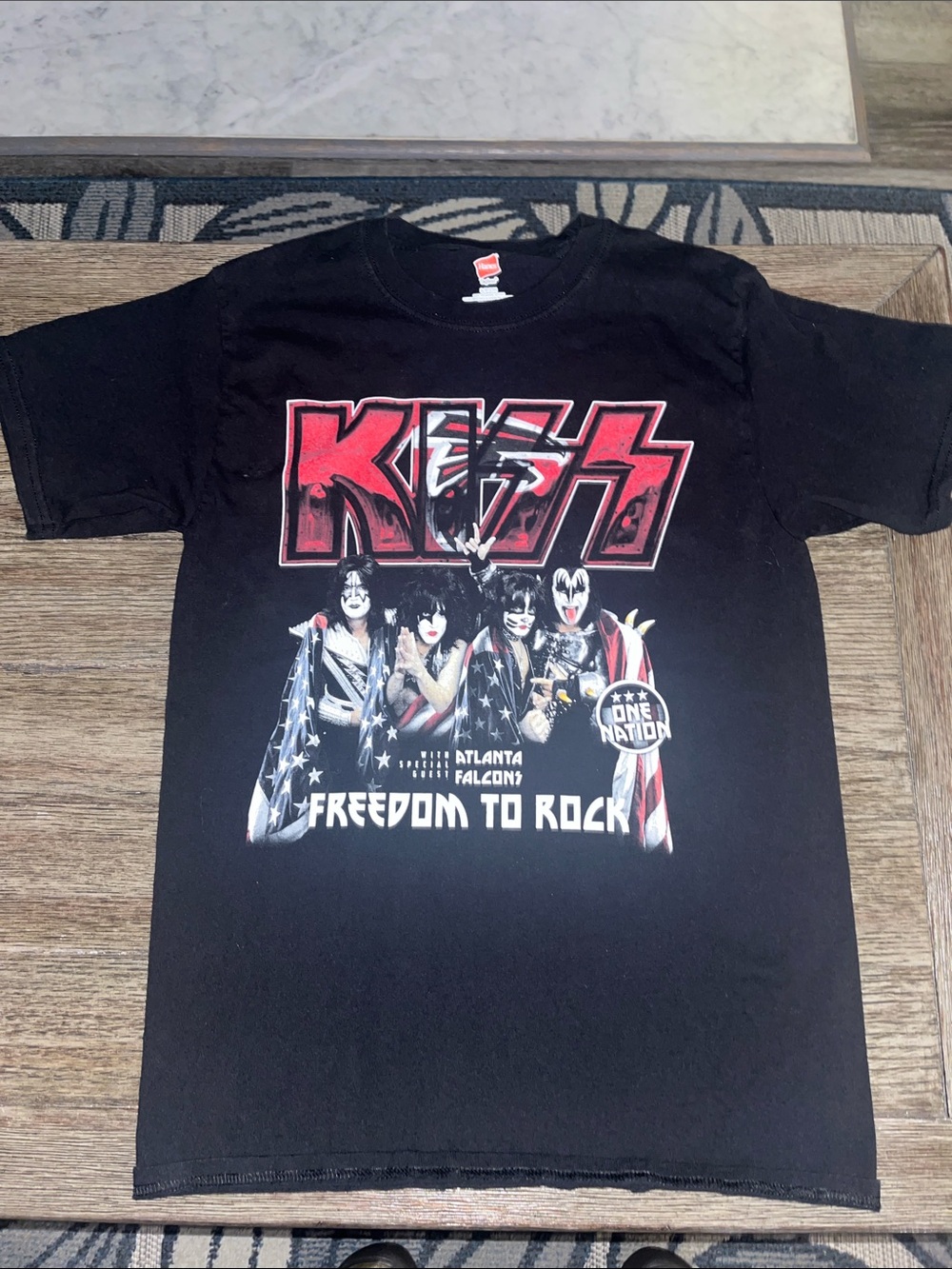 Kiss Black Tee with Red and White Patriotic Graphic